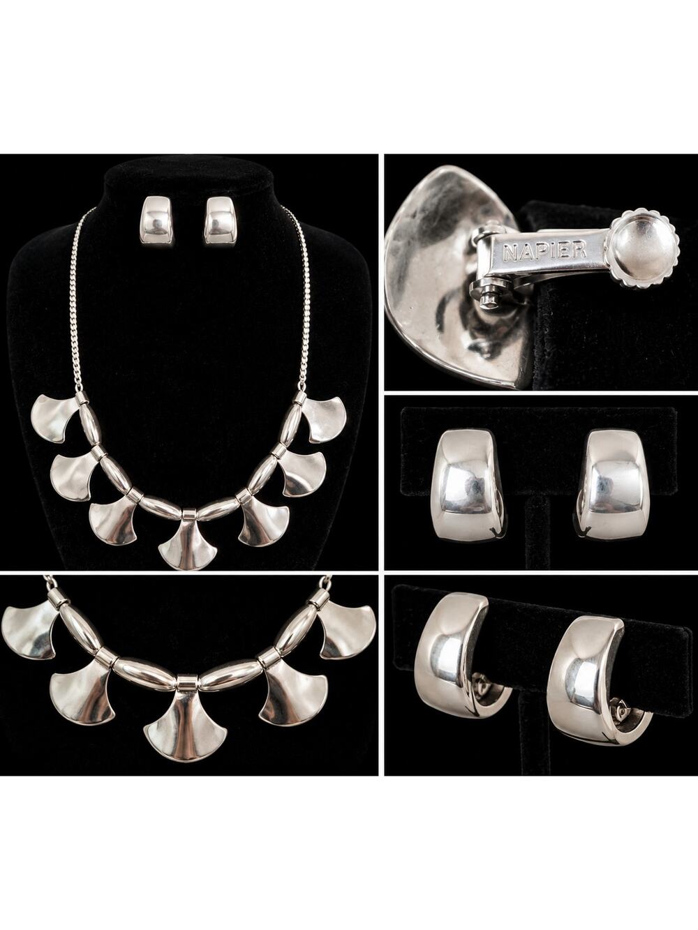 Vintage Napier Silver Tone Necklace & Clip On Earrings Set Modernist...